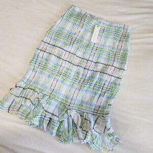 Olivaceous Blue Green Plaid Smocked Ruffle Skirt M